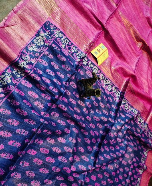 Purple and Pink Printed Tussar Ghicha Silk Saree with Zari Border | Peepal Clothing