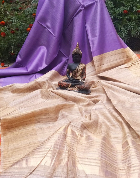 Purple and natural Korean tussar ghicha pallu saree with staple body| Peepal Clothing