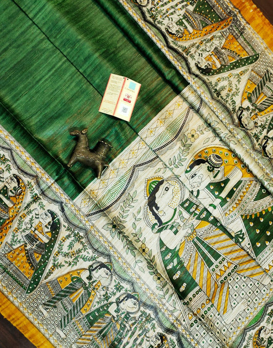 Radha-Krishna Printed Green Tussar Ghicha Silk Saree| Peepal Clothing