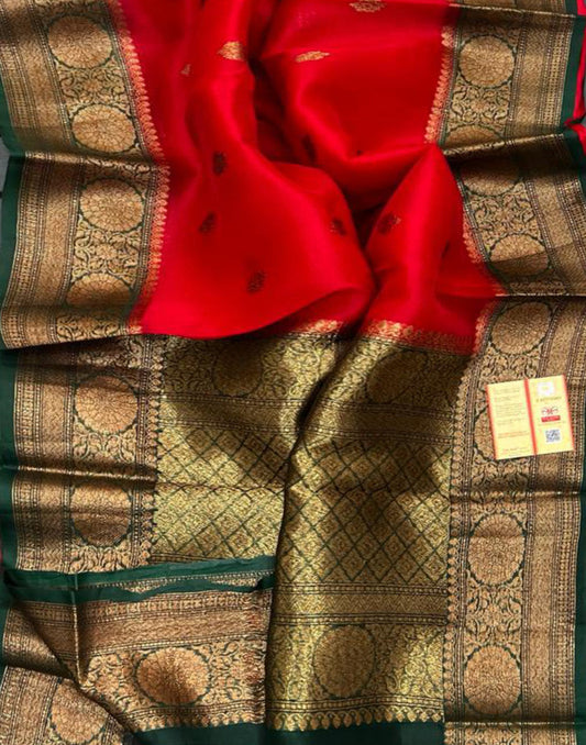 Red Banarasi Pure Khaddi Organza Silk Saree | Peepal Clothing