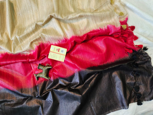 Red Black Triple Dye Pure Tussar Ghicha Silk Saree | Peepal Clothing