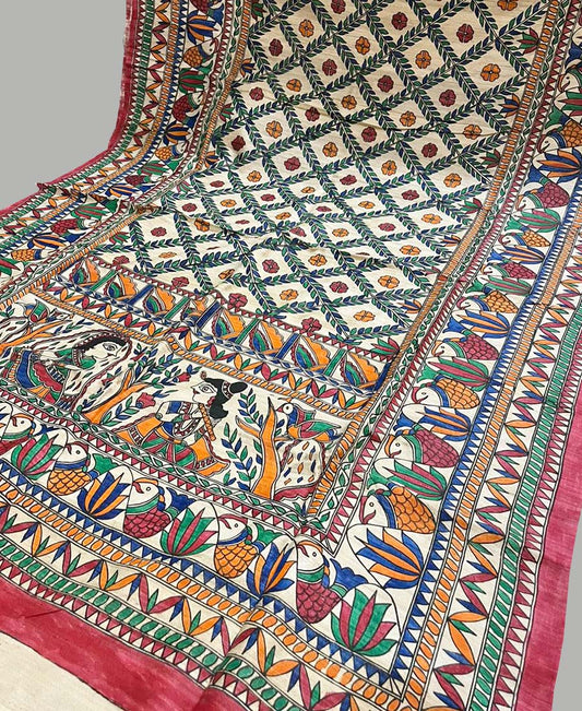 Red Border Geometrical Madhubani Hand Painted Desi Tussar Silk Saree | Peepal Clothing