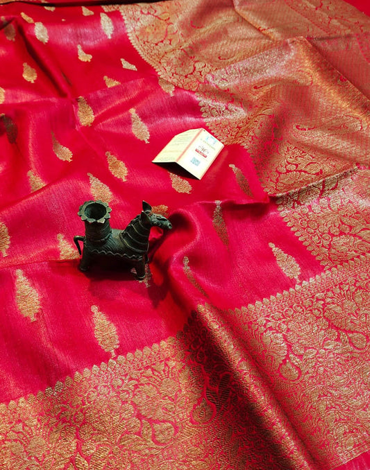 Red Buta Motif Tussar Munga Silk Saree with Zari Border | Peepal Clothing
