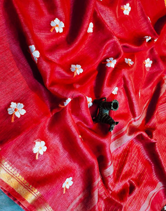 Red Embroidered Pure Silk Linen Saree | Peepal Clothing