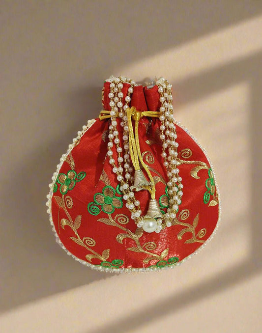 Red Floral Motif Potli | Peepal Clothing