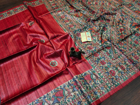 Red Hand Painted Madhubani Silk Saree | Peepal Clothing
