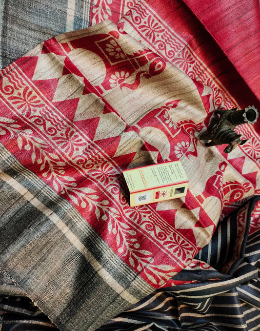 Red Horse Printed Tussar Ghicha Silk Saree| Peepal Clothing