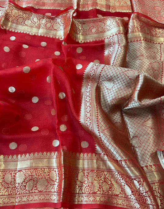 Red Kora Silk Organza Saree | Peepal Clothing