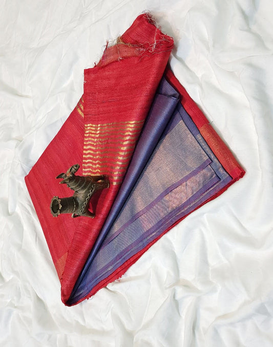 Red Korean tussar ghicha pallu saree with staple body and Zari border| Peepal Clothing
