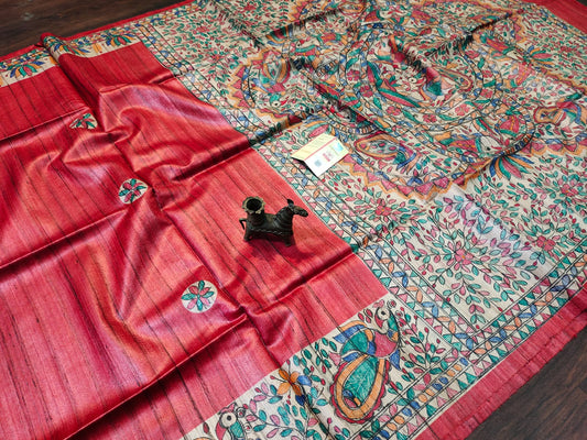 Red Madhubani Hand Painted Silk Saree | Peepal Clothing