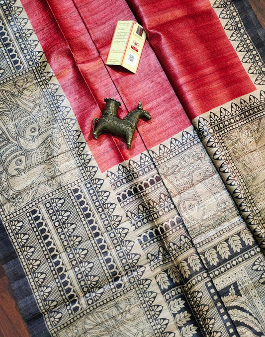 Red Madhubani Printed Silk Saree| Peepal Clothing