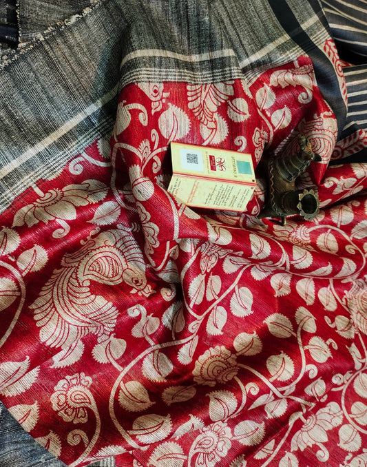 Red Peacock Printed Tussar Ghicha Silk Saree| Peepal Clothing
