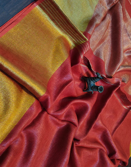 Red Plain Linen Saree | Peepal Clothing