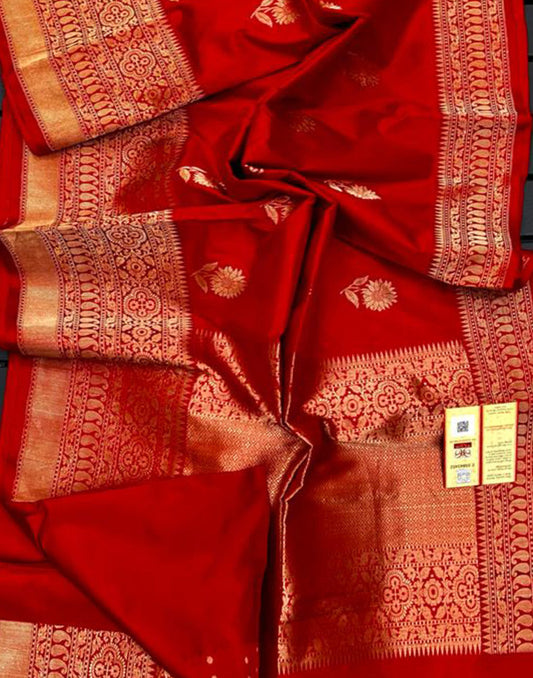 Red Pure Katan Silk Saree Featuring Weaved Buta | Peepal Clothing