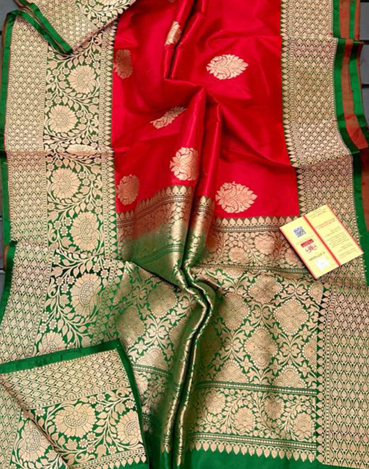 Red Pure Katan Silk Saree Featuring Weaved Buta and Green Border | Peepal Clothing