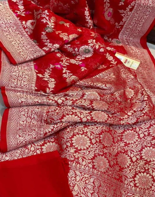 Red Pure Khaddi Georgette Zari Weaved Meenakari Saree | Peepal Clothing