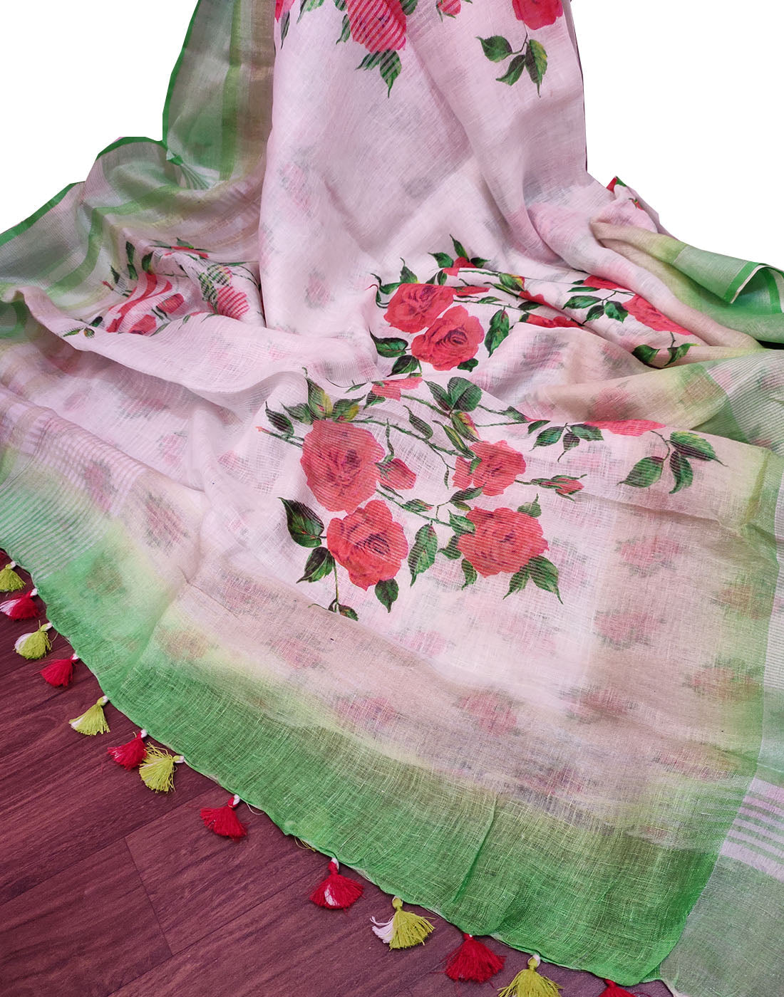 Buy online Pure Linen Sarees with Bandhej print and Embroidery work -  Green-AF1257