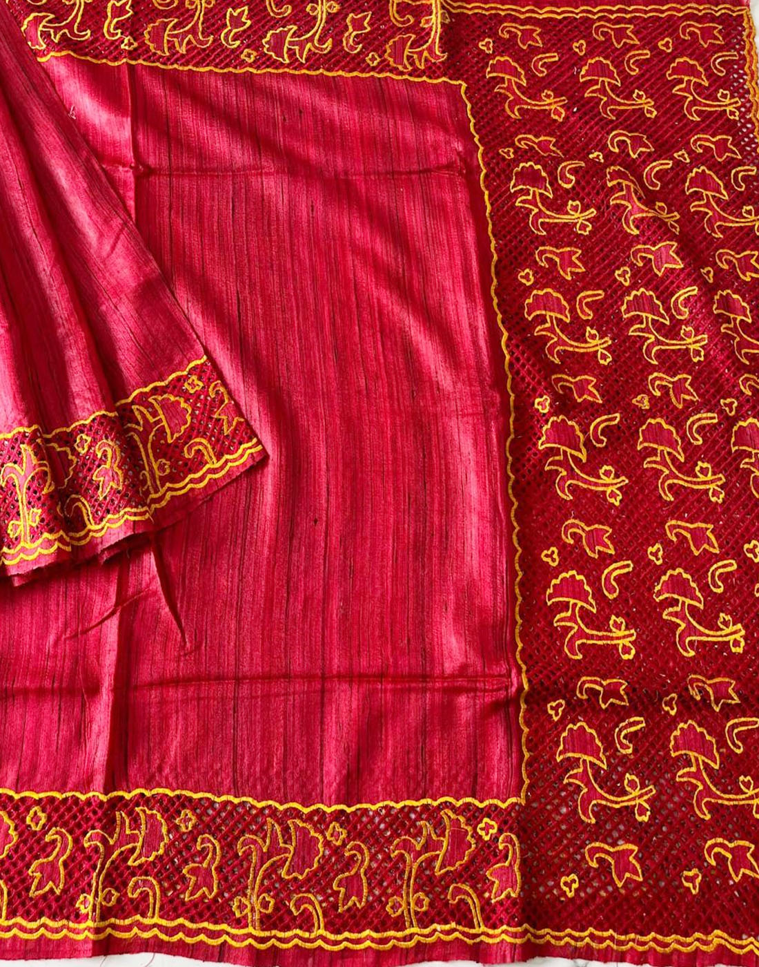 Red Hand Cutwork Tussar Ghicha Silk Saree | Peepal Clothing