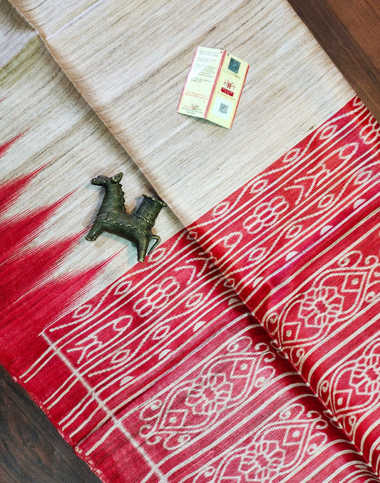 Red Tussar Ghicha Ikkat Printed Silk Saree| Peepal Clothing