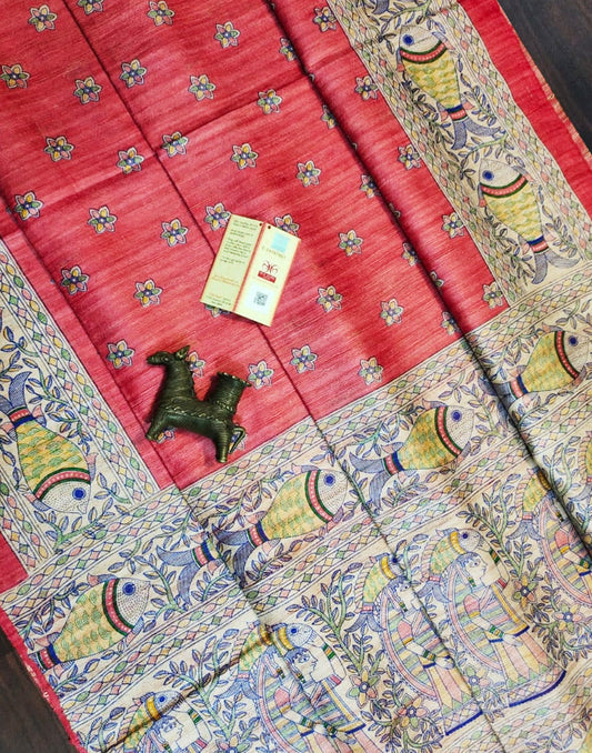 Red Tussar Ghicha Madhubani Buta Printed Silk Saree| Peepal Clothing