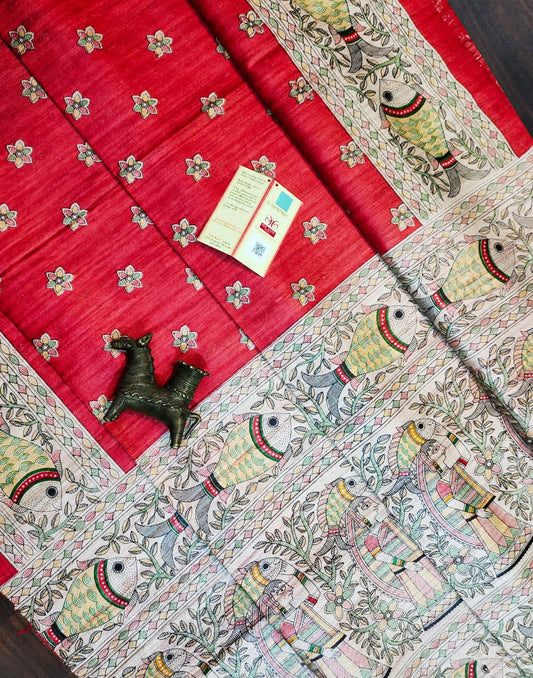 Red Tussar Ghicha Madhubani Printed Silk Saree| Peepal Clothing