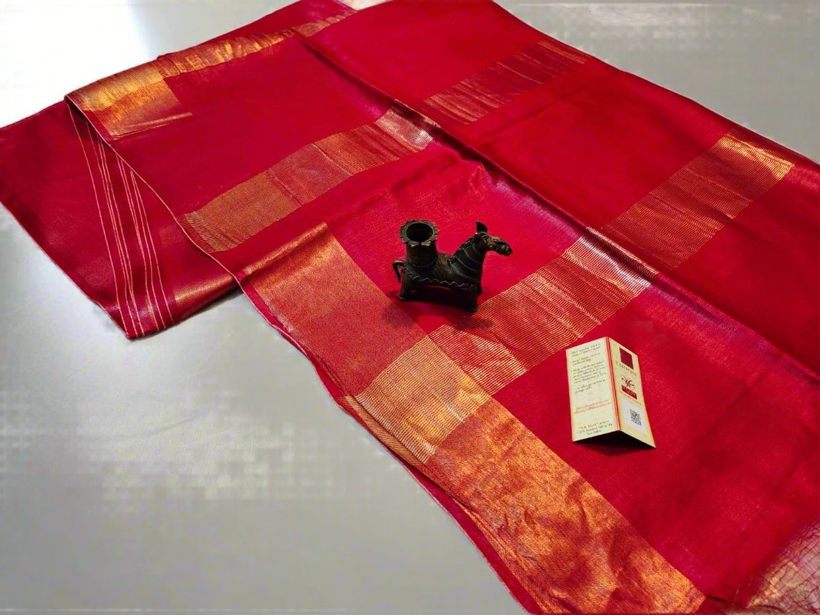 Buy Red Tussar Munga Zari Border Saris