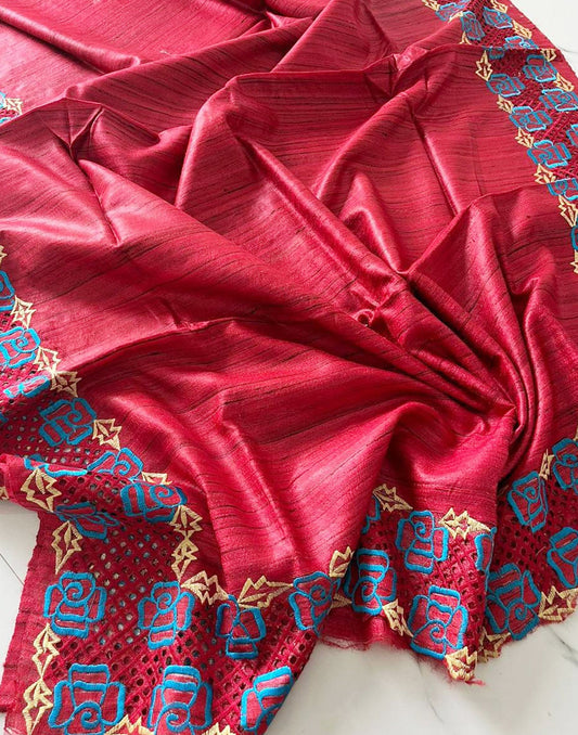 Red and Blue Hand Cutwork Tussar Ghicha Silk Saree | Peepal Clothing