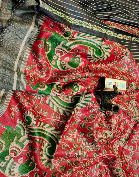 Red and Green Peacock Printed Tussar Ghicha Silk Saree| Peepal Clothing