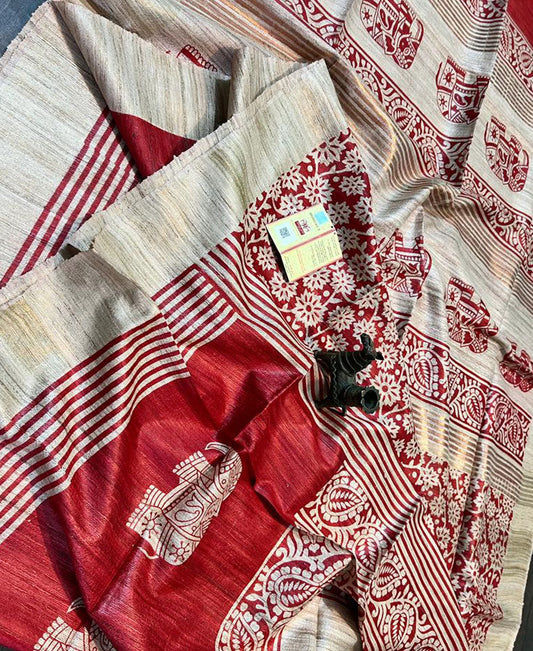 Red and Off-white Printed Tussar Ghicha Silk Saree with Zari Border | Peepal Clothing