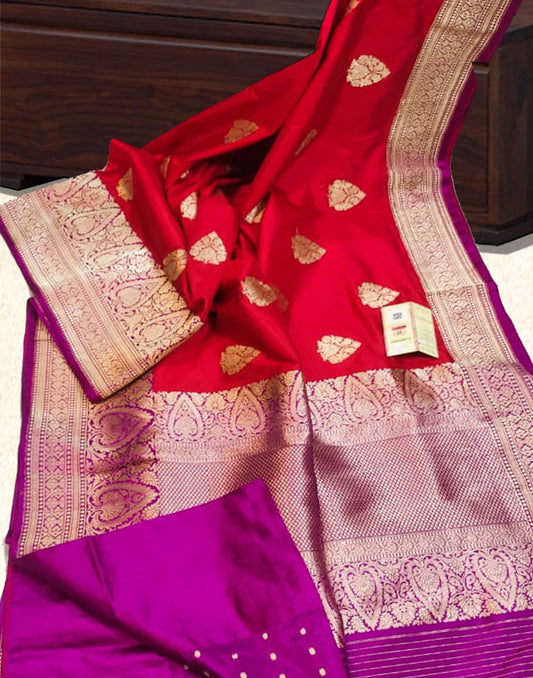 Red and Purple Pure Katan Silk Saree | Peepal Clothing