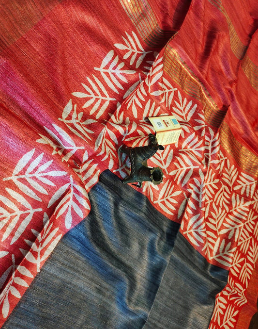 Red and black Printed Tussar Ghicha Silk Saree with Zari Border| Peepal Clothing