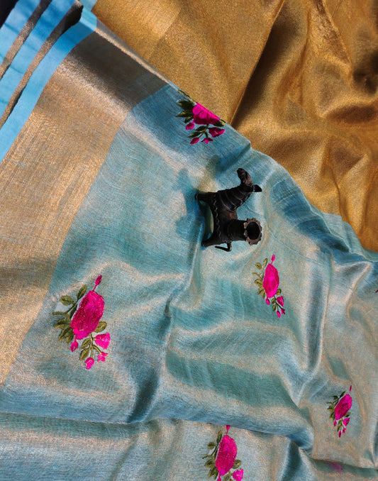 Rose Embroidered tissue linen saree | Peepal Clothing