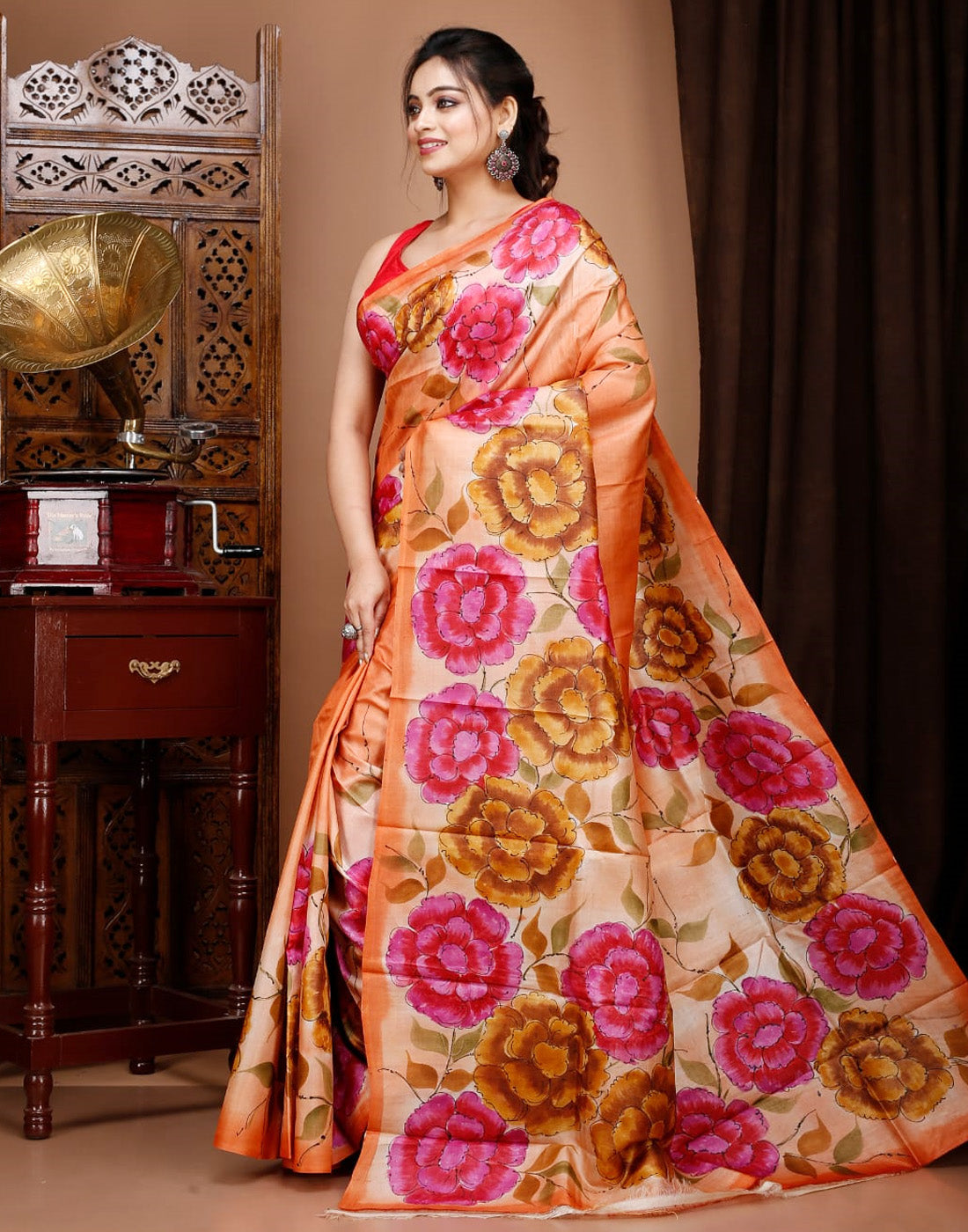 Rose Motif Kalamkari Silk Saree| Peepal Clothing