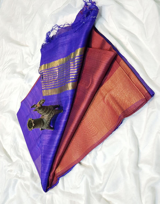 Royal Blue Korean tussar ghicha pallu saree with staple body and Zari border| Peepal Clothing