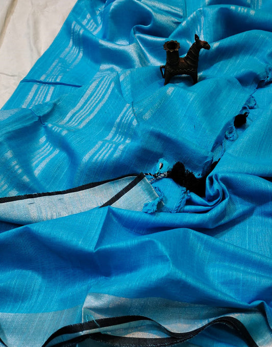 Royal Blue Plain Linen Saree