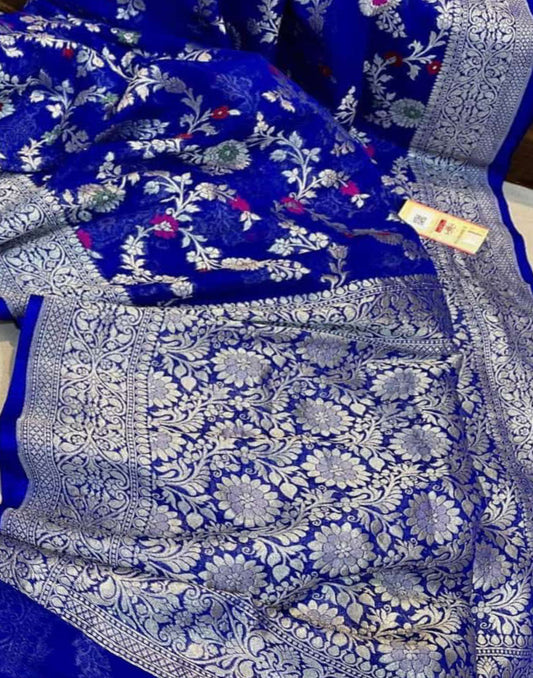 Royal Blue Pure Khaddi Georgette Zari Weaved Meenakari Saree | Peepal Clothing