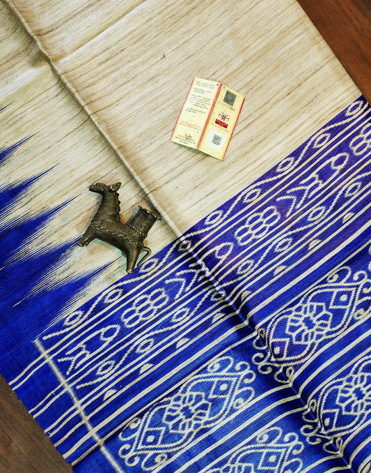Royal Blue Tussar Ghicha Ikkat Printed Silk Saree| Peepal Clothing