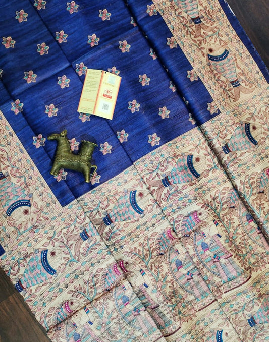 Royal Blue Tussar Ghicha Madhubani Printed Silk Saree| Peepal Clothing