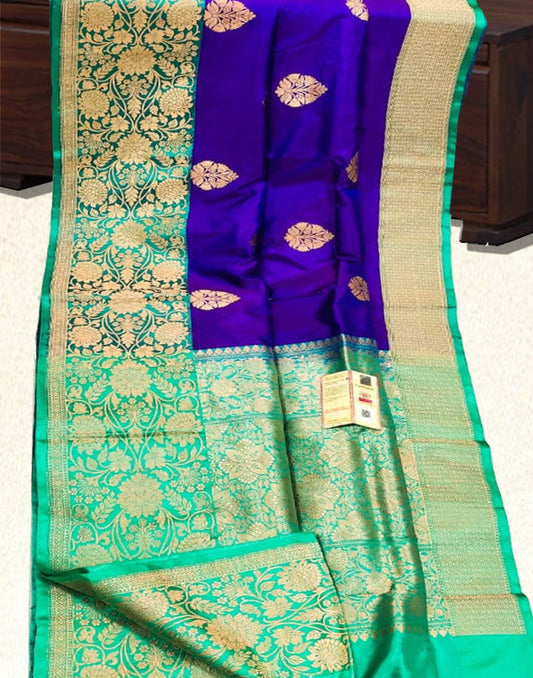 Royal Blue and Firozi Pure Katan Silk Saree | Peepal Clothing