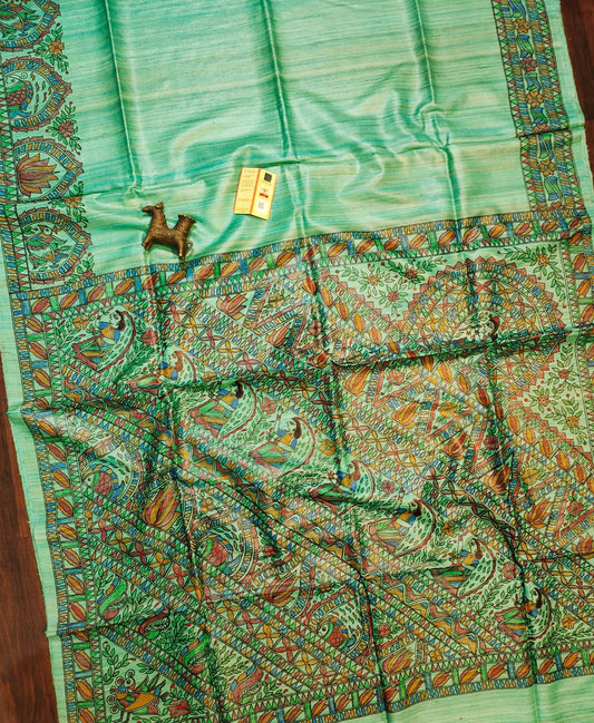 Sea Green Madhubani Hand Painted Pure Tussar Ghicha Silk Saree | Peepal Clothing