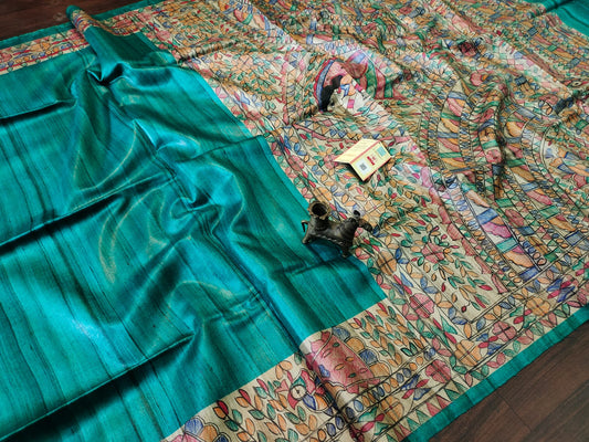 Sea Green Madhubani Hand Painted Silk Saree | Peepal Clothing
