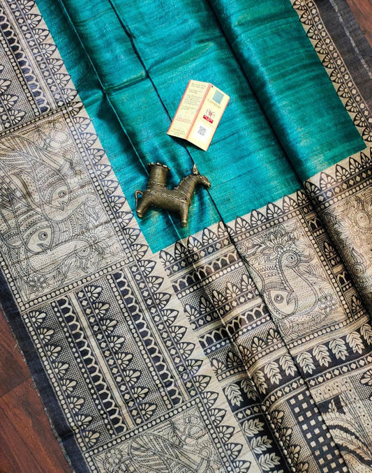 Sea Green Madhubani Printsed Silk Saree| Peepal Clothing