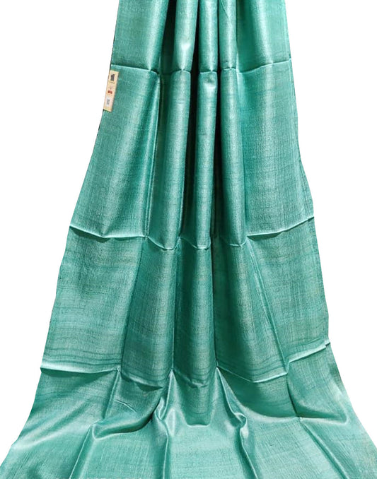 Sea Green Pure Desi Tussar Plain Silk Saree| Peepal Clothing