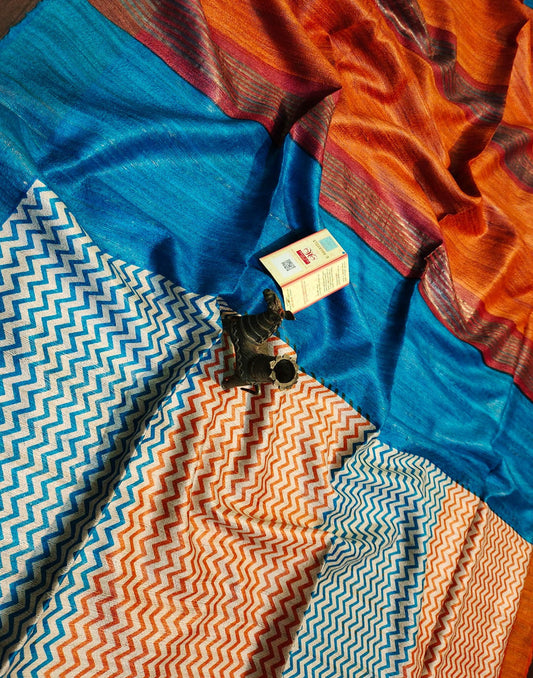 Striped Printed Tussar Ghicha Silk Saree with Zari Border| Peepal Clothing