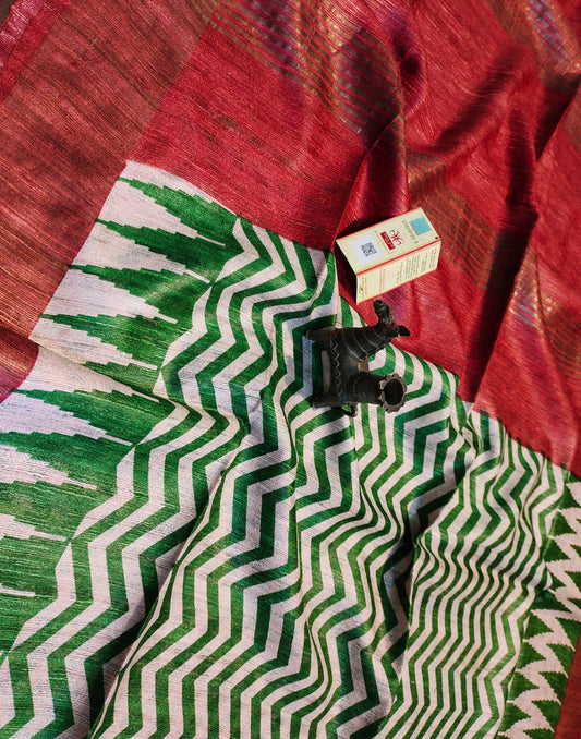 Striped Tussar Ghicha Printed Silk Saree with Zari Border| Peepal Clothing