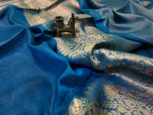 Teal Pure Silk Linen Banarasi Saree | People Clothing