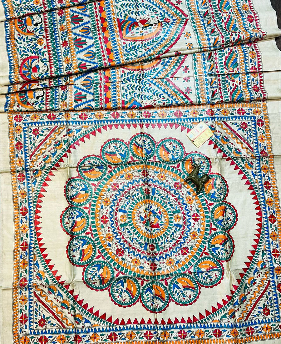 Umika Madhubani Hand Painted Desi Tussar Silk Saree | Peepal Clothing