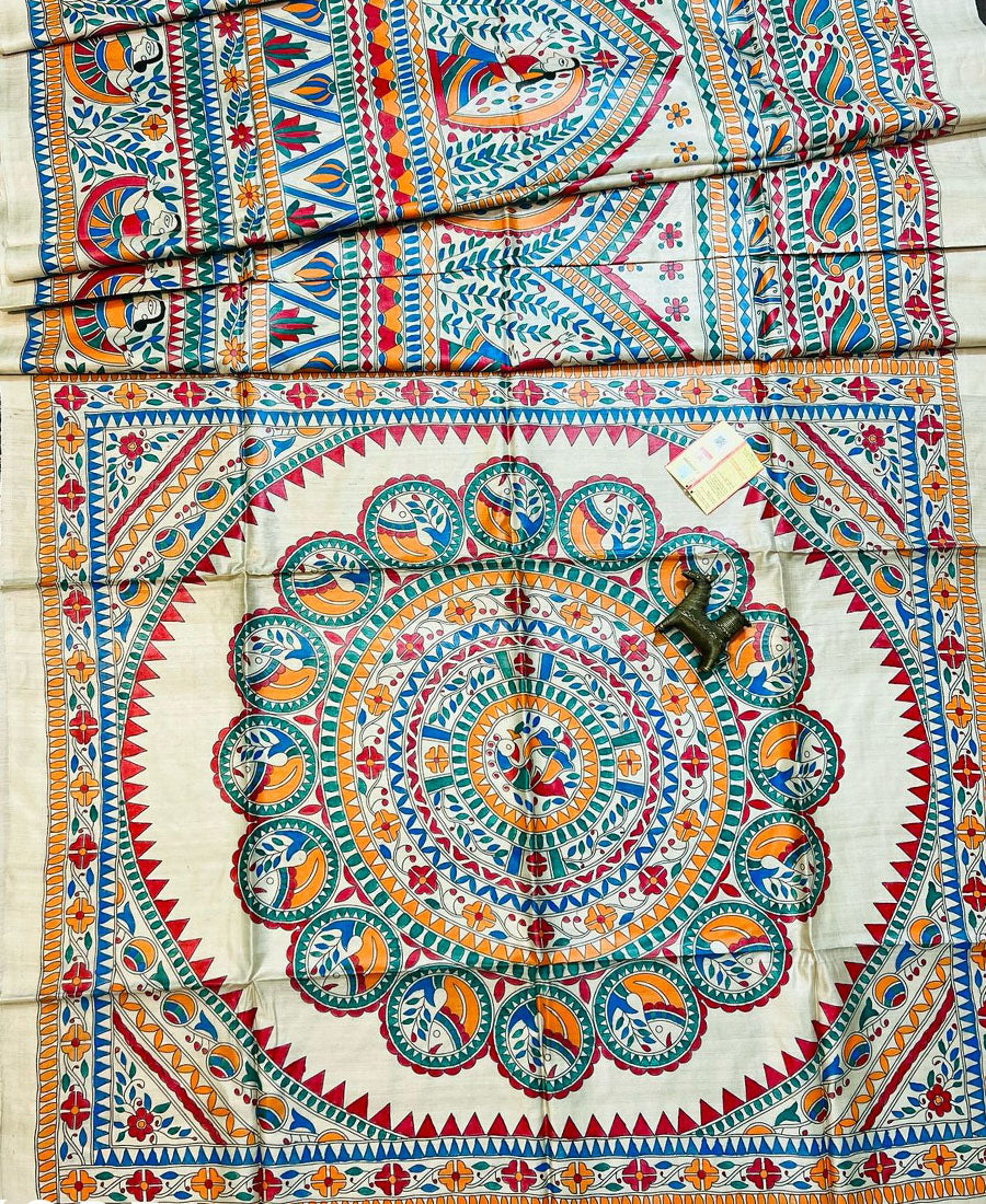 Madhubani Hand Painted Desi Tussar Silk Saree | Peepal Clothing