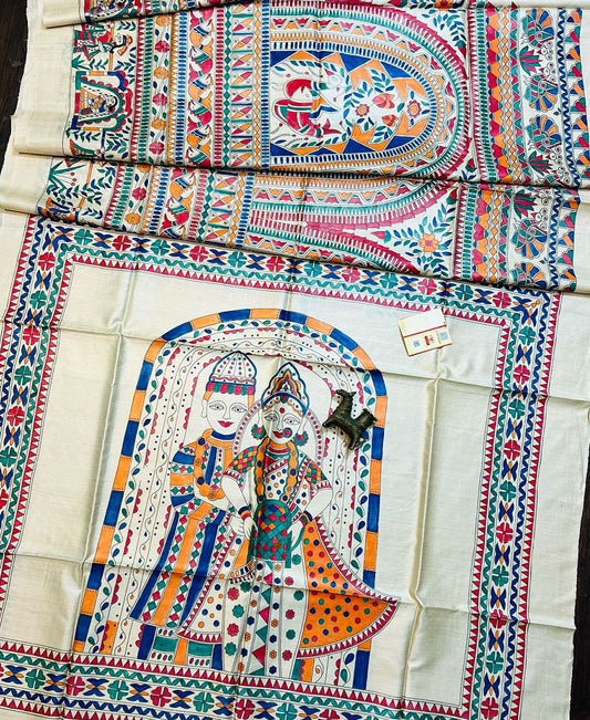 Vivah Madhubani Hand Painted Desi Tussar Silk Saree | Peepal Clothing