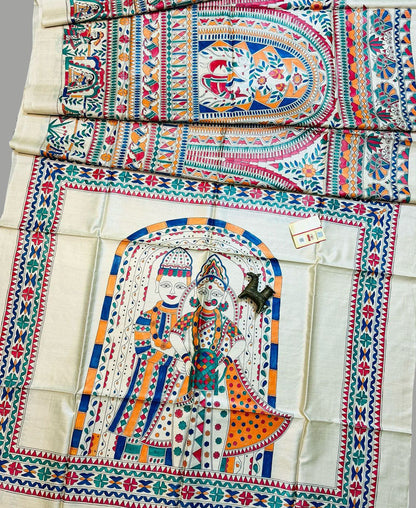 Madhubani Hand Painted Desi Tussar Silk Saree | Peepal Clothing